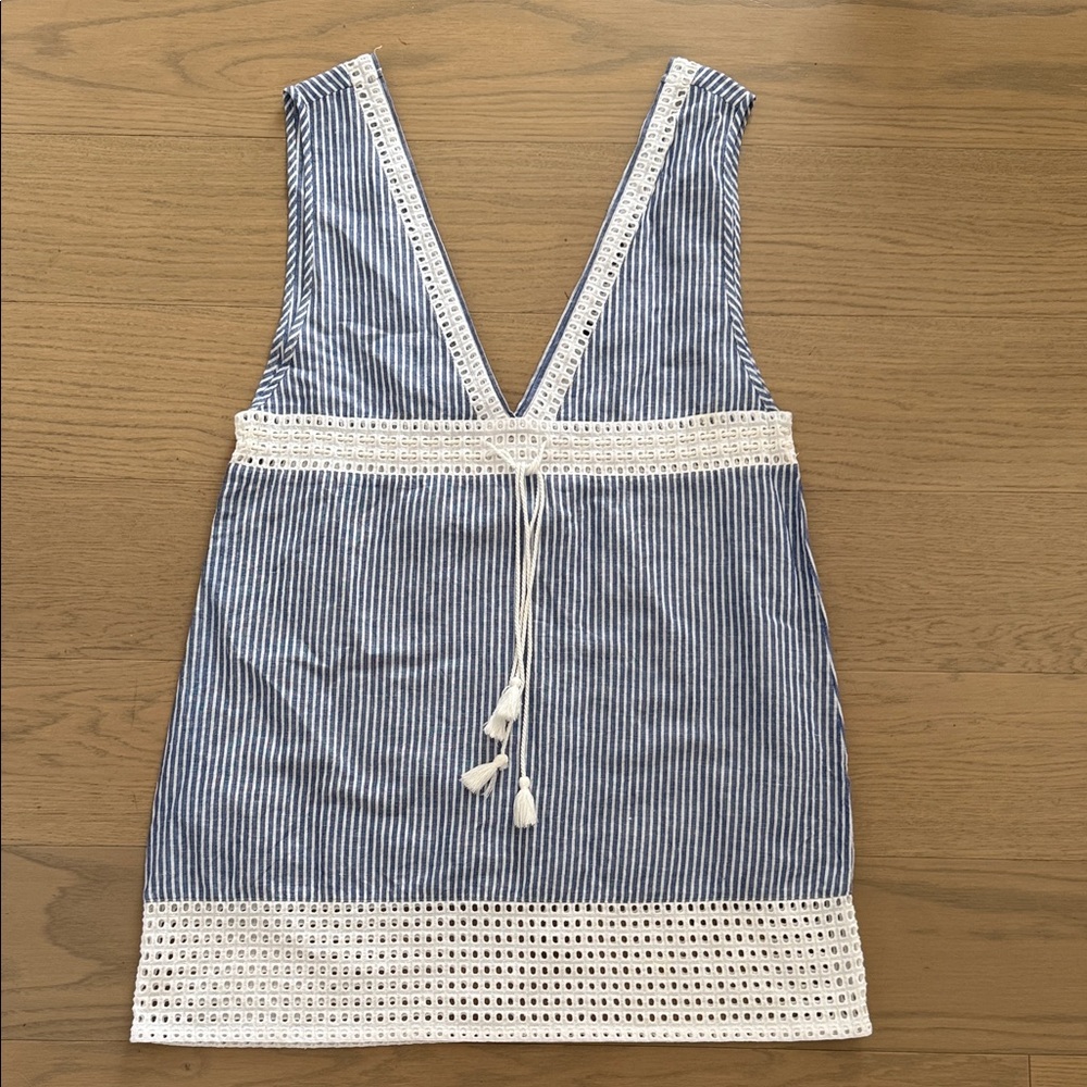 Jcrew Women’s Blue Striped V-Neck Swim Cover-Up with White Lace Trim